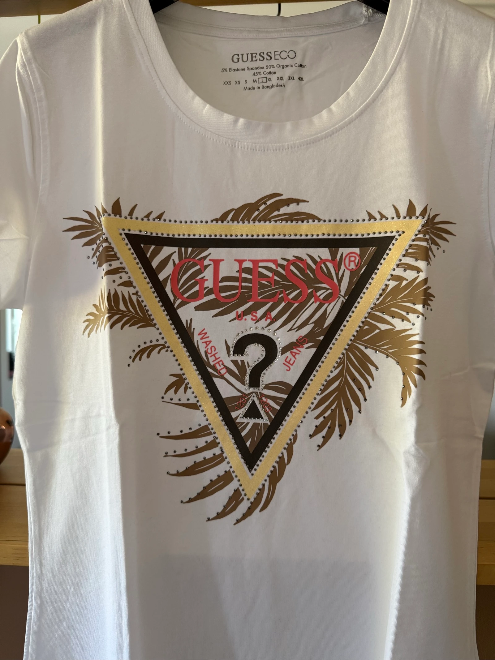 Camiseta Guess mujer L nueva con etiqueta – Blanco – Logotipo de pedrería motivo tropical – photo 3
